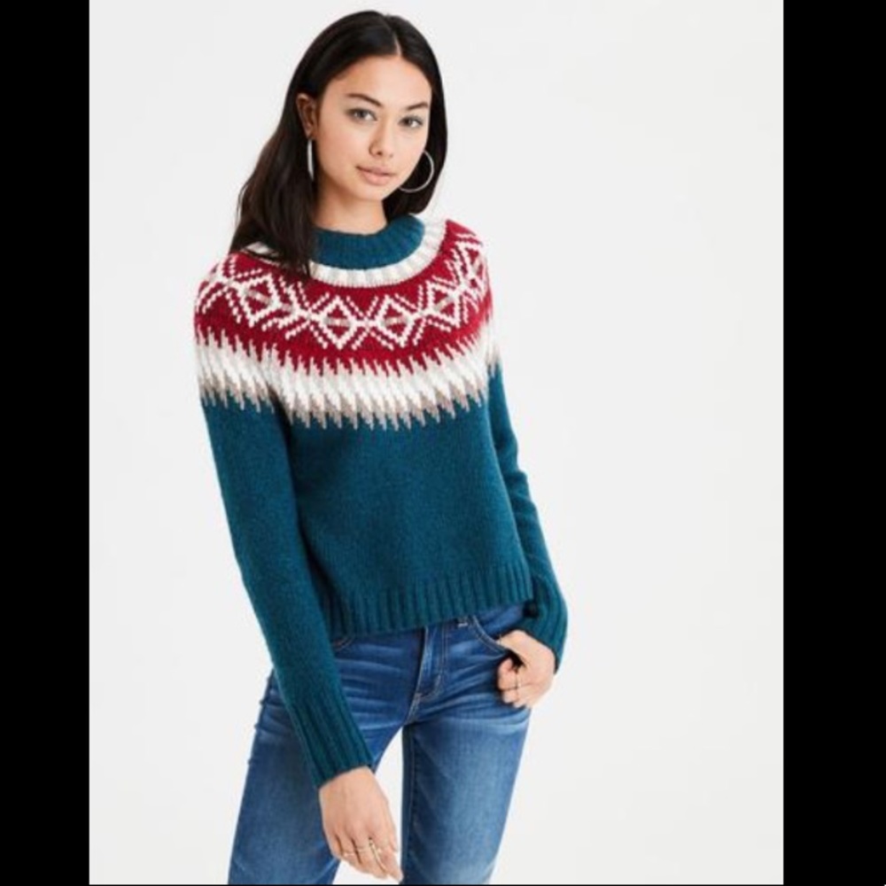 American Eagle Fair Isle Teal Pullover Sweater Size Small